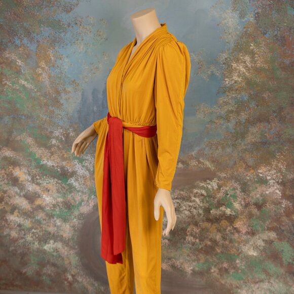 Vintage * LILLI ANN * 80s Mustard Yellow Draped Jumpsuit with Red Sash Belt - Picture 9 of 16
